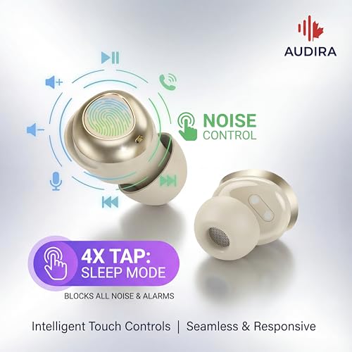 AUDIRA Mini Wireless Sleep Earbuds for Side Sleepers, Bluetooth 5.4 in-Ear Ear Buds with Noise Cancelling, IPX4 Waterproof Headphones, Touch Control, Digital Display Charging Case – Biege - color: Beige