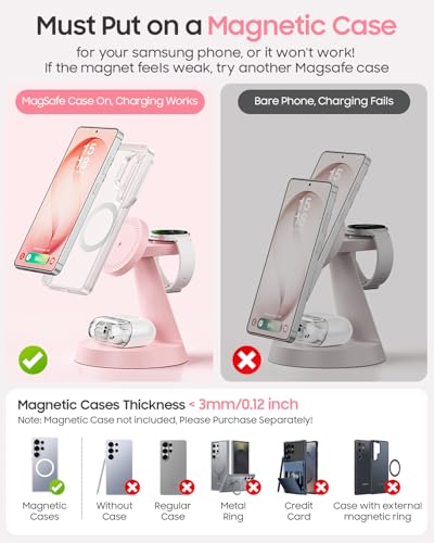 Meifigno Magnetic Wireless Charger for Samsung, 3 in 1 Charging Station Compatible with MagSafe Samsung Charger for Galaxy S26 Ultra S25 Z Fold7/Flip7, Charger Stand for Galaxy Watch Ultra 8 7, Pink - color: PINK