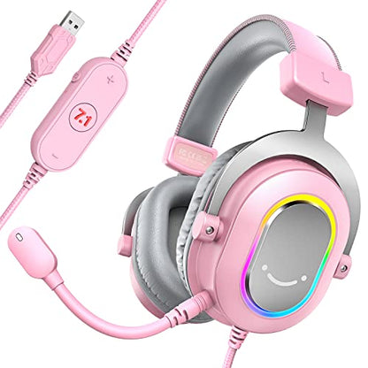 FIFINE H6P Wired Gaming Headset with Noise Canceling Mic for PC,PS4/5 | Large 50mm Drivers, 7.1 Surround Sound, Solid Metal Frame, 3 EQ Modes, Vibrant RGB, USB In-line Control, for gamer/streamers - color: Pink