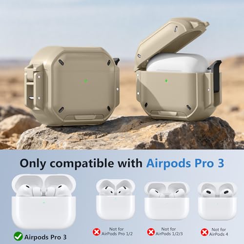 for AirPods Pro 3 Case, IP68 Waterproof Military Grade Protective Cover for AirPods Pro 3rd Gen, Anti-Scratch Hard Shell Cover with Secure Lock, Keychain & Phone Stand (2025), Khaki - color: Khaki