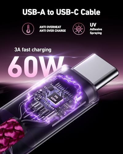 USB to USB C 케이블 60W 고속 충전 [2팩 1.8m(6피트), USB A to USB C 케이블 | CarPlay, 내구성이 뛰어난 브레이드 USB 타입 C 아이폰 충전기 USBC 코드 아이폰 17/16/15/프로 맥스, 삼성 갤럭시 S23 및 기타 - 로즈 - color: 로즈 레드, size: 6피트, style: USB A to USB C