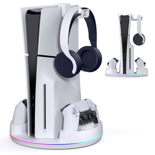 NEWDERY for PS5/Slim/Pro Console Stand with Controller Charger | Charging Station for PS5 Controllers, Adjustable RGB Light, for PS5 Controller Charger Stand, White - color: White