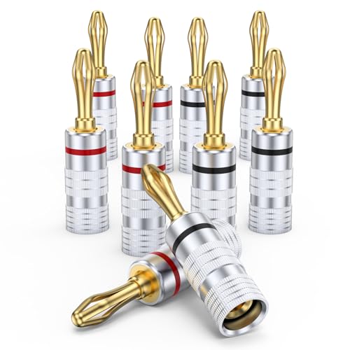 MOSWAG Banana Plugs for Speaker Wire (5 Pairs/10 pcs) Banana Plug Adapter | Brass Speaker Connectors with Dual Set Screws, Black and Red Shell Banana Plugs for Home Theater, A/V Receiver, Amplifiers - size: 5 Pairs