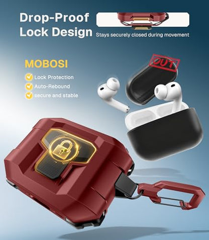 MOBOSI for AirPods Pro 3 Case 2025 with Drop-Proof Lock, Red | Cleaning Kit & Keychain, Compatible with MagSafe, Military-Grade Protection Hard Cover for iPods Pro 3rd Generation - color: Red