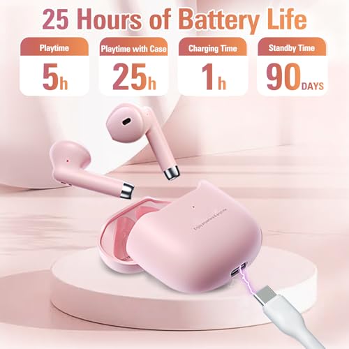 Xmenha True Wireless Earbuds Bluetooth 5.3 with Microphone for Working Out Noise Canceling Blue Tooth Ear Buds Deep Bass TWS Wireless Earphones with Charging Case in Ear Headphone for iPhone Android - color: Pink