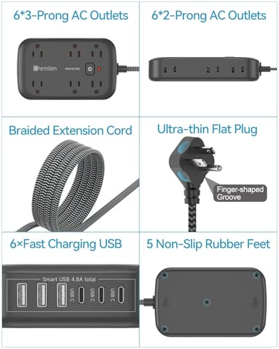 Power Strip Surge Protector with 12 Outlet and 6 USB Charging Station Black | The reset/off switch with overload protection. 1625W extension cord is made of PC shell, making it fireproof up to 1382 F. - size: 15FT