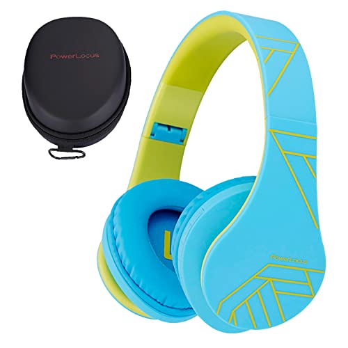 PowerLocus Kids Headphones Over-Ear, Bluetooth Wireless Headphones for Kids,with Microphone, Safe 85DB Volume Limited, Foldable with Carry Case, Audio Cable, Micro SD mode for Online Classes,PC,Phones - color: Blue/Green