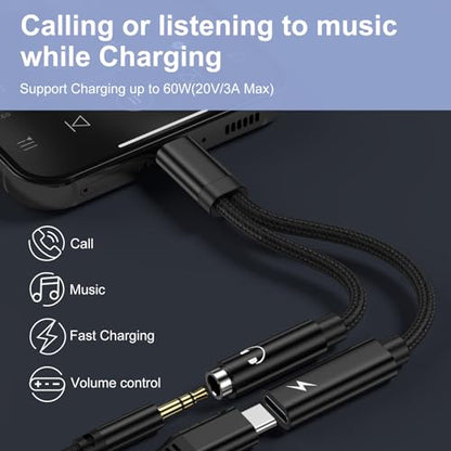 Samsung Galaxy S26 Headphone Adapter, 2 in 1 USB C to 3.5mm Aux Audio Cable | Aux Jack Adapter with 60W Fast Charging Dongle Cable for Galaxy S26 Ultra S25 A17 A56 A16 A15 iPhone 17 16 Pro Max Pixel 10a