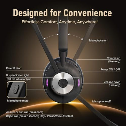 Bluetooth Headset with Microphone for PC & Laptop, Wireless Office Headset with USB Dongle, ENC Noise Cancelling Mic, 30H Talk Time, On-Ear Computer Headset for Zoom Teams Call Center