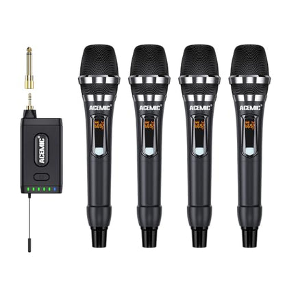 UHF Wireless Microphone System 4-Channel Cordless Mic with 4 Handheld Dynamic Microphones for Church, Speech, Weddings, Karaoke Machine, Q4