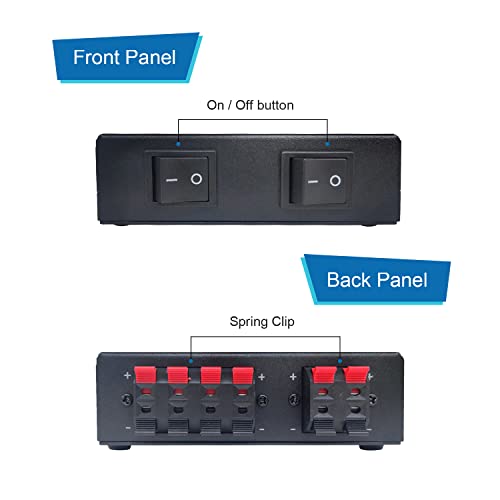 2-Way Speaker Selector, Passive 2 Zone Distribution Box 150W / Channel with Impedance Protection, Spring Clip Connectors