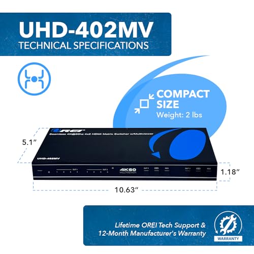 OREI 4x2 HDMI Matrix Multiview 4K@60Hz RS-232 IR PIP EDID 3.5mm/Analog OSD | Multiviewer HDMI 4K, HDMI 4x2 Quad Multiviewer – 18Gbps, HDCP 2.2, Dual HDMI Out, 8 Display Modes, Audio Extraction - style: 4x2 Multiviewer - 4K@60Hz