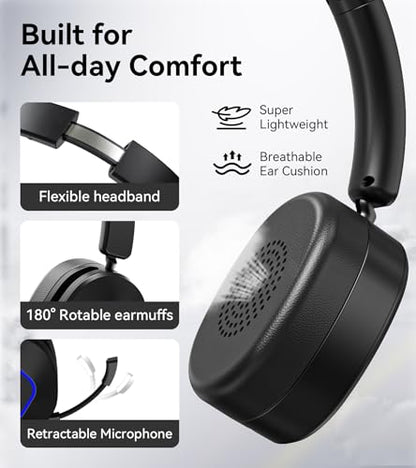 Wantek Wireless Headset with Mic,Bluetooth Computer Headset with USB Dongle | Noise cancelling mic, mute button and volume controls for clear calls on Zoom, Microsoft Teams, meetings and home office work - color: Dark black