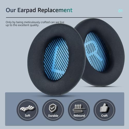 Fabric Comfort Replacement Ear Pads for Bose QuietComfort 35 / QC35 II – Fits QC45 QC25 QC15 QC2 AE2 AE2i AE2w SoundLink & SoundTrue (S3 Style) - color: N8 Black & Blue