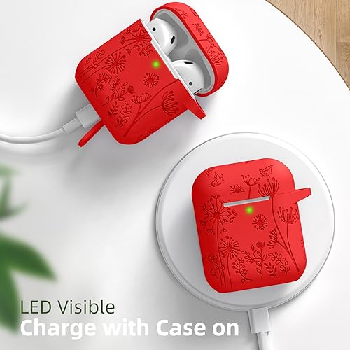 Lerobo for AirPod Case 2nd/1st Generation with Keychain for Women Girl | Flower Engraved Silicone Cover for AirPods 1 Case, Wireless Charging, Shockproof, One-piece Design, Red - color: Red