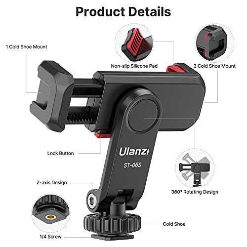 ULANZI ST-06S Phone Tripod Mount, Universal Phone Mount w 2 Cold Shoe | 1/4" Screw, 360° Rotates 180° Tilts, Adjustable Cellphone Clip Clamp Holder for Tripod, Camera, iPhone 17/16/15, Android