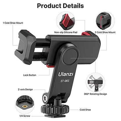 ULANZI ST-06S Phone Tripod Mount, Universal Phone Mount w 2 Cold Shoe | 1/4" Screw, 360° Rotates 180° Tilts, Adjustable Cellphone Clip Clamp Holder for Tripod, Camera, iPhone 17/16/15, Android