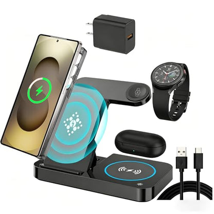 3 in 1 Charging Station for Samsung Android: Wireless Phone and Watch Charger for Galaxy S26 Ultra/S25 Ultra/S24/S23/Z Fold, Wireless Charger Stand for Galaxy Watch 9/8/7/6/5 Earbuds 4/3/Pro (Black) - color: Black