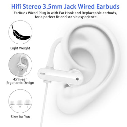 Wired Over Ear Earbuds with Microphone Ear Hook,3.5mm Headphones | Sport Earphones for Laptop/iPad/iPod/3.5mm Plug Phone,Noise Cancelling Headset for Chromebook/Switch/Galaxy/MP3 Running - color: White