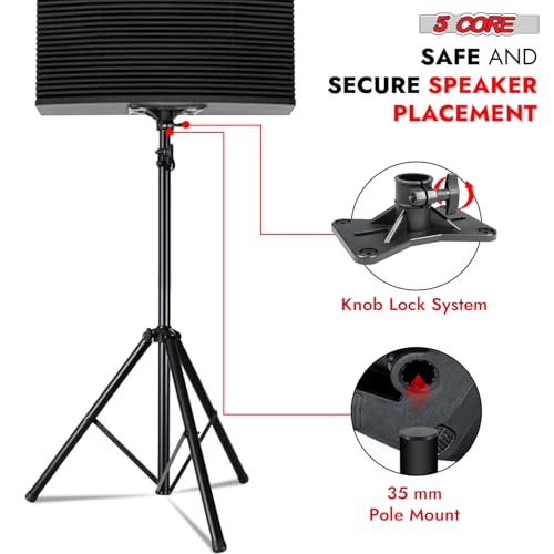 5 Core Speaker Stand Pair Universal Mount Steel Construction 132 Lb Capacity Stable Tripod w/Adjustable Height 72” w 35mm Compatible Insert Metal Safety Pin Included Bag - color: Black