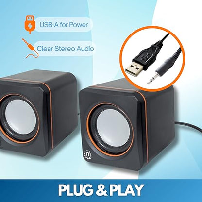 Manhattan USB Powered Stereo Speaker System - Small Size - with Volume Control & 3.5 mm Aux Audio Plug to Connect to Laptop, Notebook, Desktop, Computer - 3 Yr Mfg Warranty - Black Orange, 161435 | Powered desktop sound pair with analog input, 90 Hz-20 kH