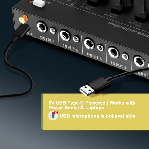 Mini 6-Channel Audio Mixer with 6 input 6.35mm&3.5mm Jack, Stereo Line Mixer for Sub-Mixing, Multi-Input (Mic/Guitar/Keyboard/Bass), Powered by 5V DC