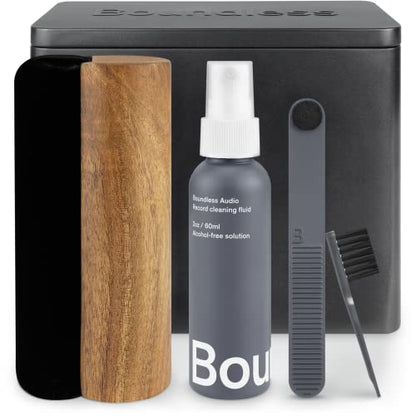 Boundless Audio Vinyl Record Cleaning Kit - 5-in-1 Brushes, Solution & Case | Velvet Record Brush, Carbon Fiber Stylus Cleaner, 2oz Cleaning Solution, Nylon Brush & Metal Storage Case - For Cleaning/Care