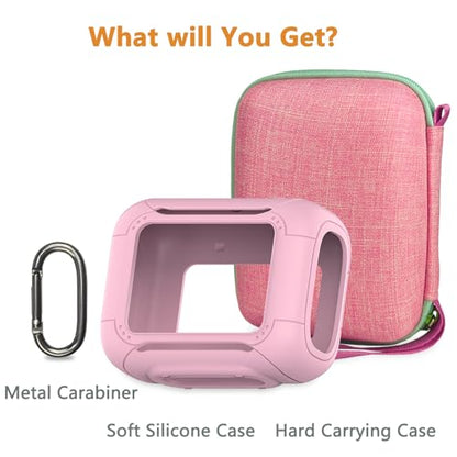 Protective Case for JBL Go 5 Portable Bluetooth Speaker | Accessories Hard Carrying Case and Silicone Cover with Metal Carabiner (Pink Case)