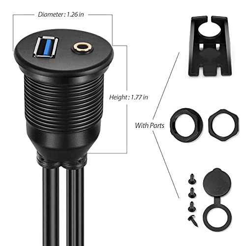 USB Flush Mount - 1M 3ft 3.5mm & USB 3.0 AUX Extension, Dash & Panel Mount Cable for Car, Boat, Motorcycle (Pack of 2) - size: 3 feet (Pack of 2)