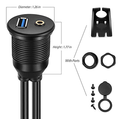 USB Flush Mount - 1M 3ft 3.5mm & USB 3.0 AUX Extension, Dash & Panel Mount Cable for Car, Boat, Motorcycle (Pack of 2) - size: 3 feet (Pack of 2)