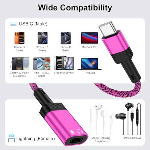 USB C to Lightning Headphone Audio Adapter [Apple MFi Certified] for iPhone 17e,17,Air,17 Pro,17 Pro Max,16e 16 15 Pro Max Plus, USB C Male to Lightning Female Earbuds Audio Adapter Dongle (NO CHARGE) - color: Rose