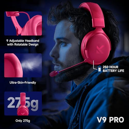 MCHOSE V9 PRO Wireless Gaming Headset 7.1 Surround Sound for PS5 PS4 PC Switch TOPSPEED Gaming Headphones, Noise Canceling Mic, 250Hr Battery, Low 15ms Latency, Lightweight, BT 5.3 FPS Games Rose&Red - color: V9PRO-RoseRed