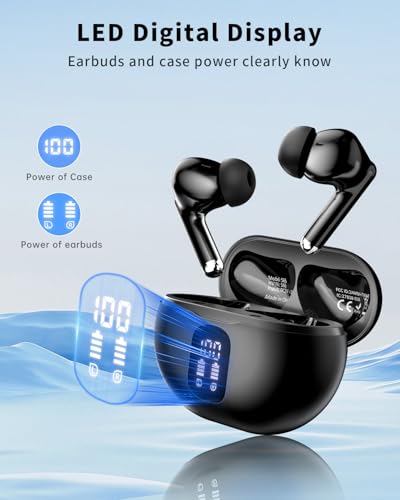 Wireless Earbuds, Bluetooth 5.4 Ear Buds Bass Stereo, Headphones with Noise Cancelling Mic, LED Display in Ear Earphones Clear Calls, IP7 Waterproof Bluetooth Earbuds for Phone/Android/iPad, Black - color: Deep Black