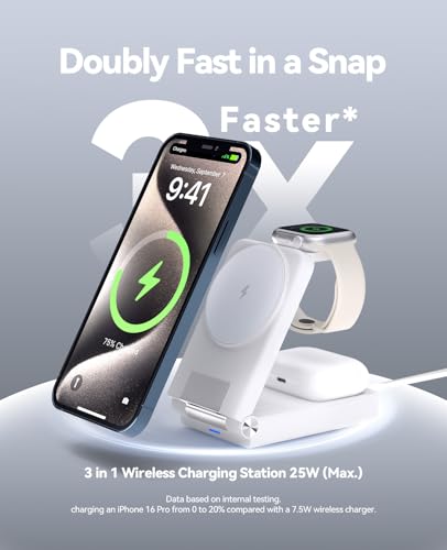 3 in 1 Charging Station, 25W Foldable Magnetic Fast Wireless Charger Stand | For Apple Multiple Devices, Travel Charger for iPhone 17 16 15 14 13 12 Series Watch AirPods 4/3/2/Pro