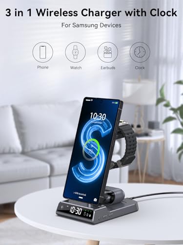 Wireless Charger for Samsung S25 with Clock 3 in 1 Android Charging Station | Charging Station for Galaxy S25 Ultra,Z Flip 7,Fold,Galaxy Bud,Watch Charger for Galaxy Watch 8,7,6,5Pro, Nightstand Charger - color: Grey