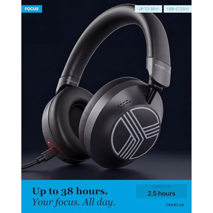 TREBLAB Z7-Pro Noise Cancelling Over Ear Headphones Wireless Bluetooth | Hybrid ANC -30dB, 38H Battery, Transparency Mode, Foldable with Case, Multipoint BT 5.3, Gaming Mode 65ms, USB-C, AUX