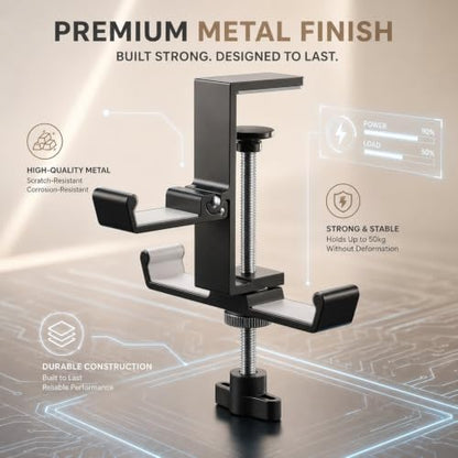 JAKO Headphone Stand for Desk, 3 Hooks Aluminum Alloy Headphone Holder (1 Foldable+2 Fixed) Space Saving Headset Stand Hook, Universal Fit PC Gaming Headsets Holder Desk Clamp for Office/Game Table - color: Black