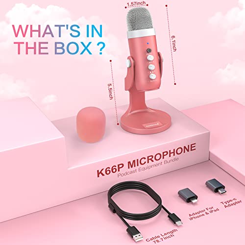 ZealSound Podcast Microphone for iPhone PC & Mac, Noise Cancellation USB Mic with Volume, Mute & Echo Control, Zero-Latency Monitoring, for ASMR, Podcasting, Vocal Recording & Voice-Over - K66 Pink