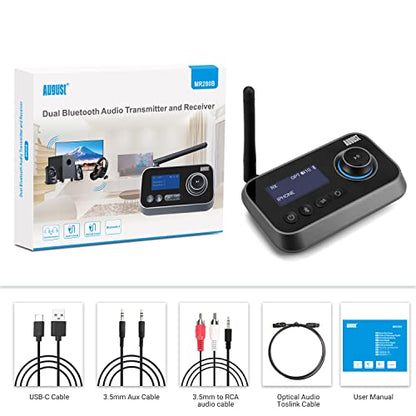 August MR280 Bluetooth 5.0 Audio Transmitter Receiver | Dual Connection for TV Headphones and Hifi Speakers, Multipoint, Low Latency, Stereo, Volume Control, Optical RCA Jack 3.5mm