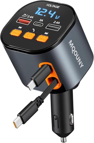 Retractable Car Charger,5 in 1 Fast Cars Phone Charger 90W,Bluetooth 5.3 FM Transmitter Adapter,Handsfree Call,2 Retractable Cables and USB Chargers for iPhone17/16 15/14/13 - color: Black