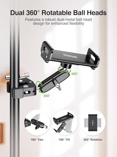 elitehood Universal iPad Mount Clamp, Metal Clip On Tablet Holder for Mic | Dual Adjustable Ball Head, Aluminum iPad Holder for Mic Stand, iPad Pole Mount for Drum Mic Yoke Boat Wheelchair Stroller - size: 6in - Dual Ball Joint