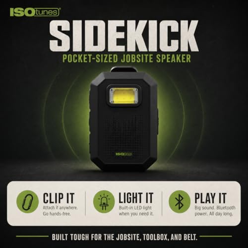ISOtunes Sidekick Wearable Bluetooth Speaker, Clip On Bluetooth Speaker | 20-hour battery, Bluetooth 5.4 with mic, magnetic clip, LED light, USB-C charging, IP67, MIL-STD-810H drop tested