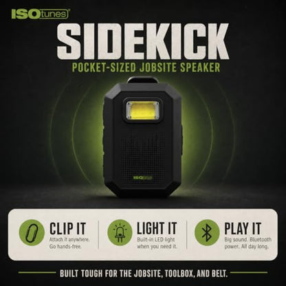 ISOtunes Sidekick Wearable Bluetooth Speaker, Clip On Bluetooth Speaker | 20-hour battery, Bluetooth 5.4 with mic, magnetic clip, LED light, USB-C charging, IP67, MIL-STD-810H drop tested