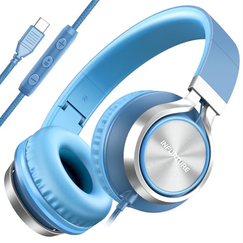INFURTURE USB C Headphones Wired with Mic & Volume Control, Noise Isolating Over-Ear Headphones, Tangle-Free Plaiting Line, Foldable Headphone for School/Travel/iPad,Tablet,iPhone 17/16/15 - color: Light Blue