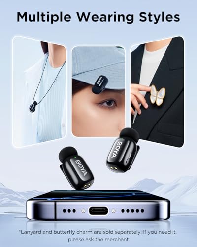 BOYA Mini USB-C Wireless Lavalier Microphone for Andriod iPhone 16/15, Ultra Mini Lapel Mics with AI Voice Switching, Noise Reduction and Charging Case, Metal Clip for TikTok Content Creators - style: USB-C(2TX+RXU+CC)