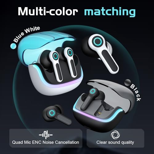 G07 Wireless Earbuds with RGB LED Light, Gaming Earbuds with 40ms Low Latency, Dual Game and Music Mode Earphones, Wireless Headphones with 50 Hours Worktime, IPX5 Waterproof Quad Mic ENC - color: BLUE