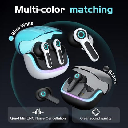 G07 Wireless Earbuds with RGB LED Light, Gaming Earbuds with 40ms Low Latency, Dual Game and Music Mode Earphones, Wireless Headphones with 50 Hours Worktime, IPX5 Waterproof Quad Mic ENC - color: BLUE