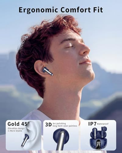Wireless Earbuds, 2026 Bluetooth 5.4 Headphones Bass Stereo Ear Buds with Noise Cancelling Mic, LED Display in Ear Earphones 50H Playtime Ear Buds, IP7 Waterproof for Laptop Pad Phones Deep Blue - color: Deep Blue
