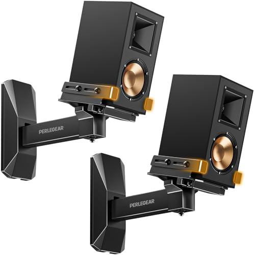 Perlegear Speaker Wall Mounts, Bookshelf Speaker Mounting Brackets with Dual Side Stable Clamp Design, Wide Tilt & Swivel Shelf for Large Surrounding Sound Speakers, Up to 55 lbs, 1 Pair