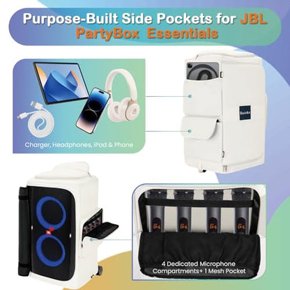 Speaker Case for JBL PartyBox 310/320, Protective Storage Bag, White | Speaker Cover with Bottomless Design, Accessory Pockets, Padded Lining, Dust & Scratch Resistant for Outdoor Travel, Bag Only